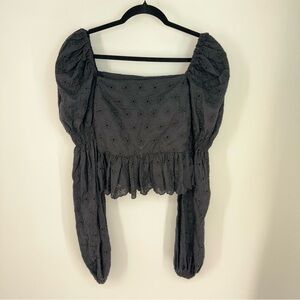 Caroline Constas Elegant Black Eyelet Puff Sleeve Women's Top